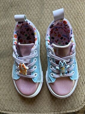Sparkle Pink and Light Blue Kids Sneakers with Bluey Bingo Character Charms